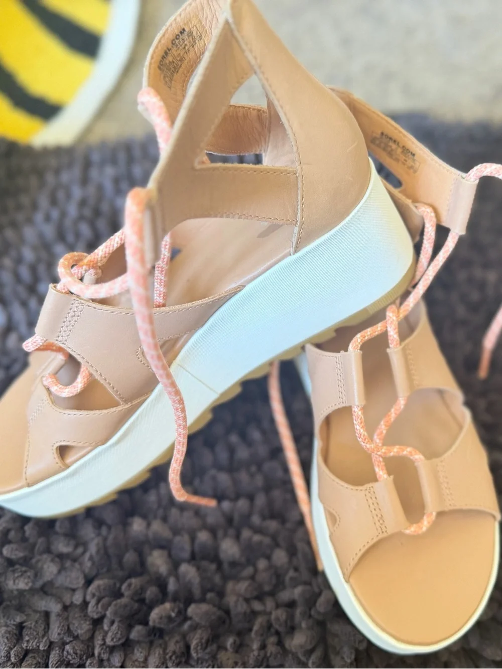 Sorel Beige Platform Sandals with Coral Pink Laces